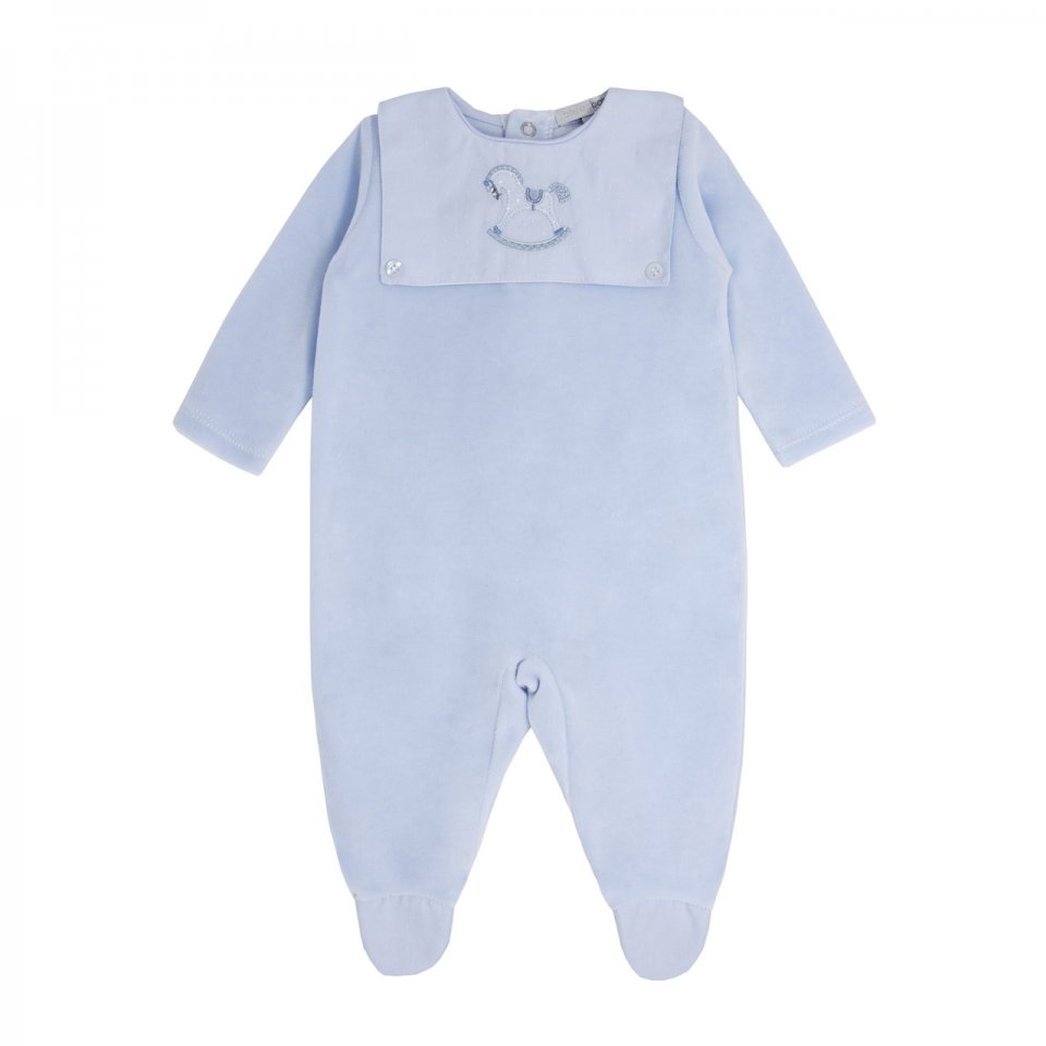BLUESBABY BB0150 PALE BLUE VELOUR ALL IN ONE WITH FEET AND COTTON BIB ROCKING HORSE APPLIQUE  NEWBORN ,1MONTH & 3MONTHS ONLY 