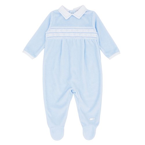 BLUESBABY BB0800 PALE BLUE VELOUR WHITE CUFF COLLAR TRIM SMOCKED DETAIL  newborn & 3months only 