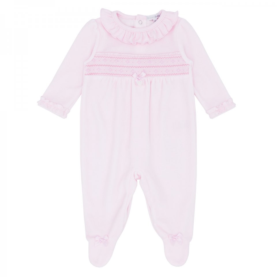 BLUESBABY BBO859 PINK  VELOUR  ALL IN ONE WITH FEET  SMOCK  FRILL AND BOW DETAIL 3months only 