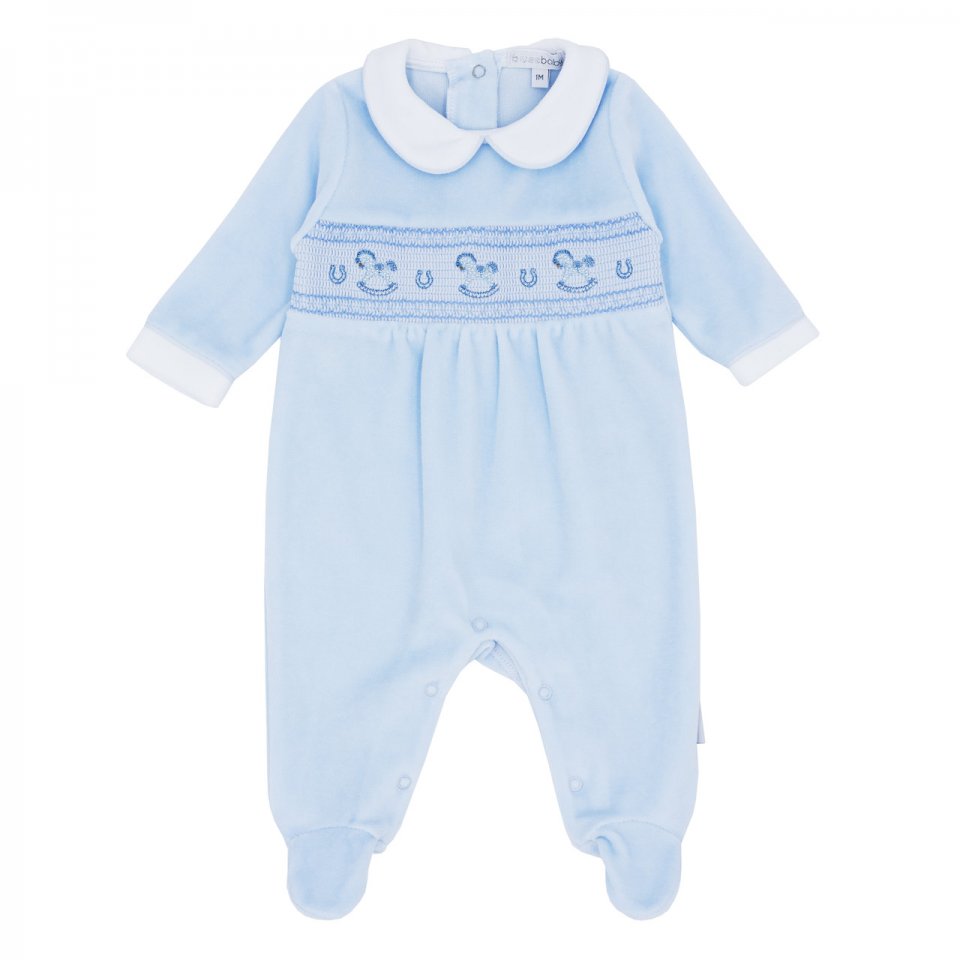 BLUESBABY BB1102 PALE BLUE VELOUR ALL IN ONE WITH FEET  WHITE CUFF COLLAR SMOCK ROCKING HORSE DETAIL NEWBORN & 3MONTHS ONLY 