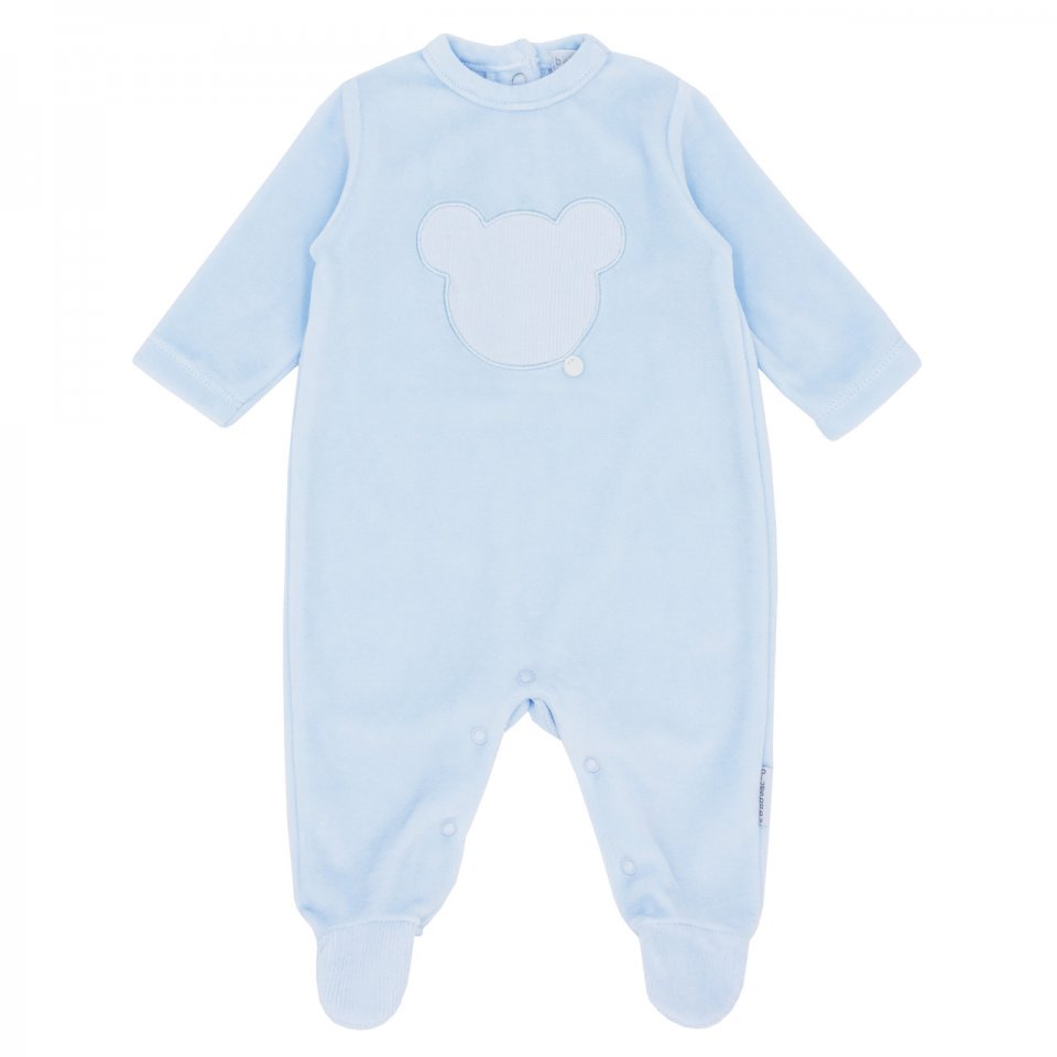 BLUESBABY BB1108 PALE BLUE VELOUR ALL IN ONE WITH FEET BEAR DETAILS FRONT AND BACK  newborn ,1month & 3months  only 