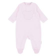 BLUESBABY BB1118 PALE PINK  VELOUR ALL IN ONE WITH FEET  BEAR DETAIL FRONT AND BACK  1 & 3mths only 