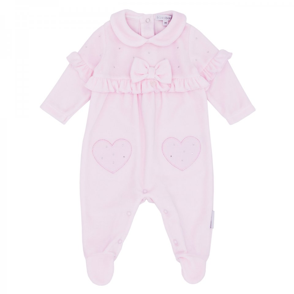 BLUESBABY BB1119 PALE PINK VELOUR  WITH FEET  FRILL AND JEWEL AND BOW  DETAIL newborn & 3months only 