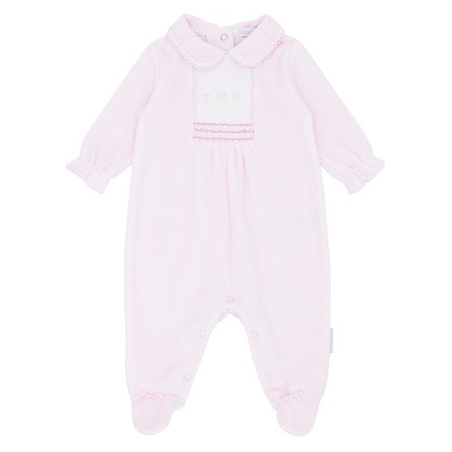 BLUESBABY BB1125 PALE PINK VELOUR WITH FEET  SMOCK PANEL AND COLLAR DETAIL newborn & 1month only 