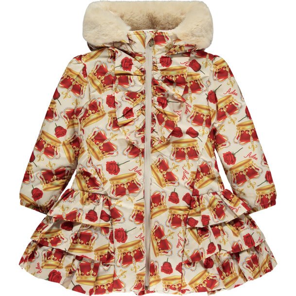 ADEE GIRLS CLOTHING  QUEEN CARA SNOW WHITE /RED CROWN PRINT FAUX FUR  HOODED COAT 3,4,5,& 10yrs only 