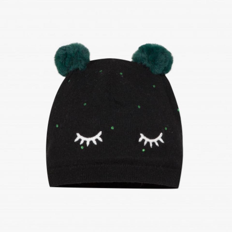 CATIMINI GIRLS CLOTHING ENTRE CHEINS ET CHATS THEME  CP90003 BLACK BONNET WITH GREEN POM POM  EARS 