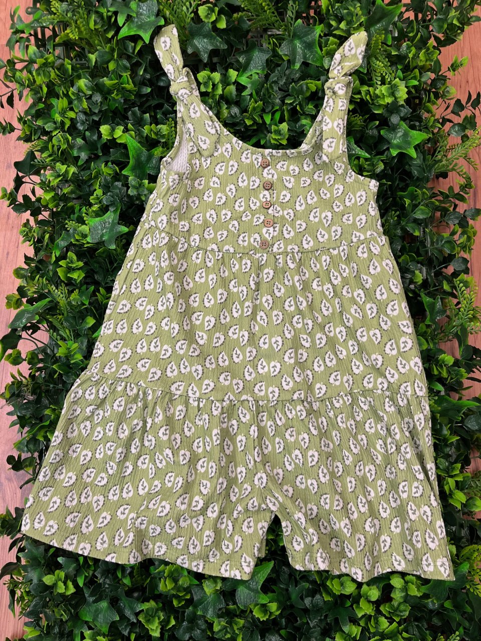 MAYORAL 3865  CRINKLE COTTON GREEN/WHITE  PLAYSUIT  WOODEN BUTTON AMD KNOT SHOULDER DETAIL