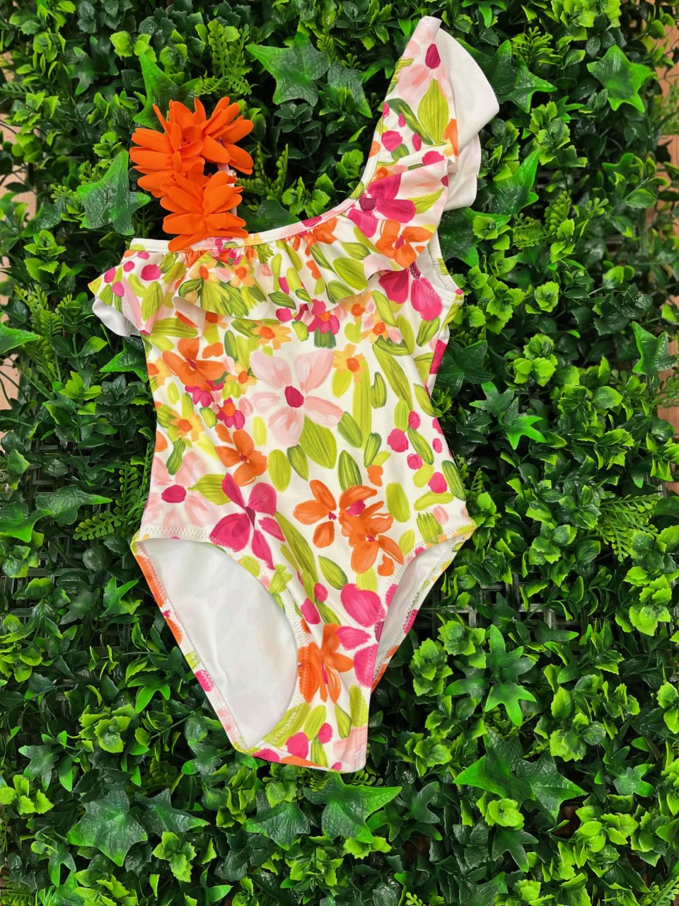 MAYORAL 3717 MULTI COLOUR SWIMSUIT  ORANGE/HOT PINK/KIWI  RUFFLE SHOULDER DETAIL