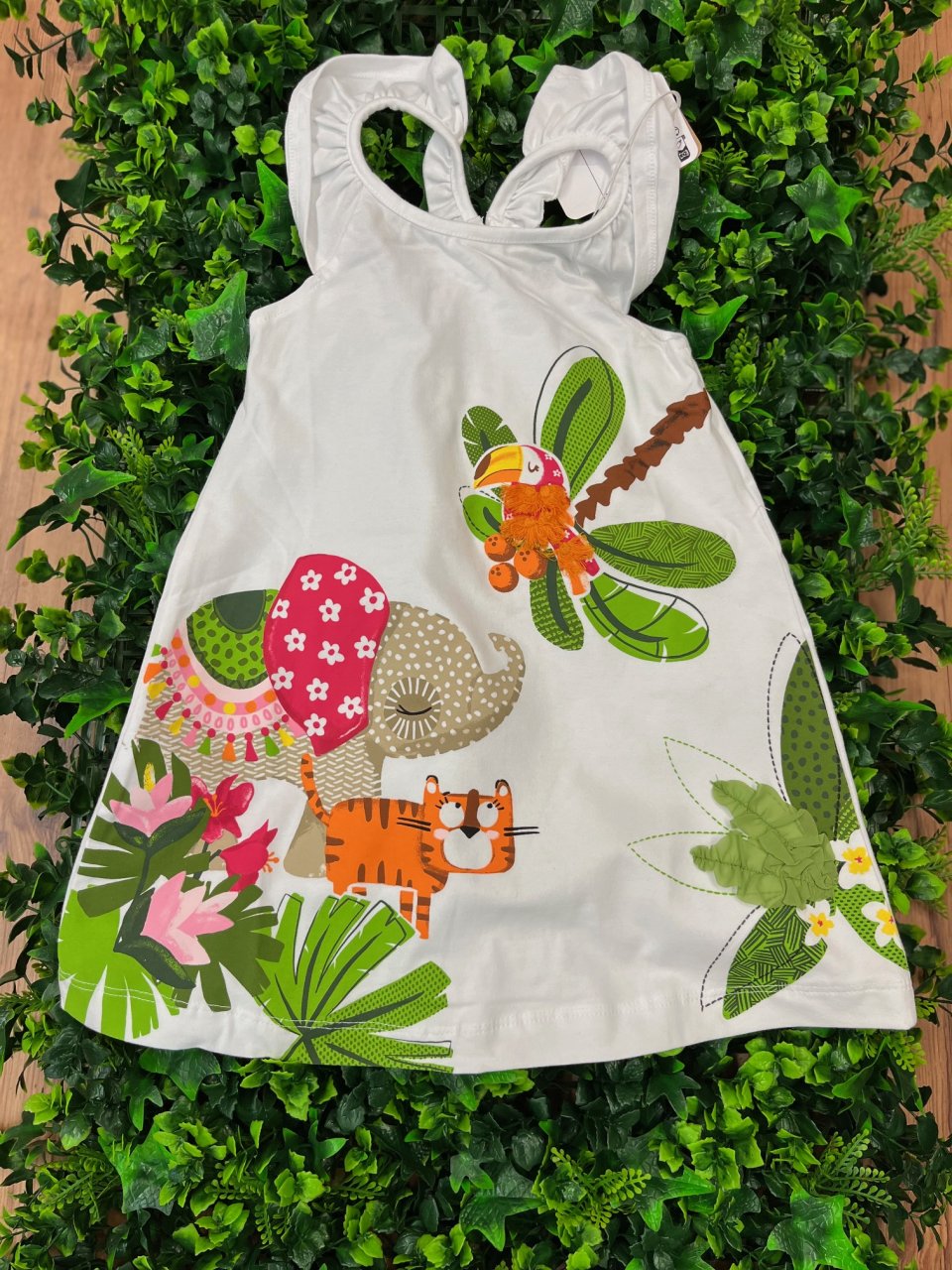 MAYORAL 3944  WHITE COTTON A LINE DRESS  JUNGLE PRINT DETAIL RUFFLE SHOULDER AND BACK DESIGN 4,5,8,&9YRS 