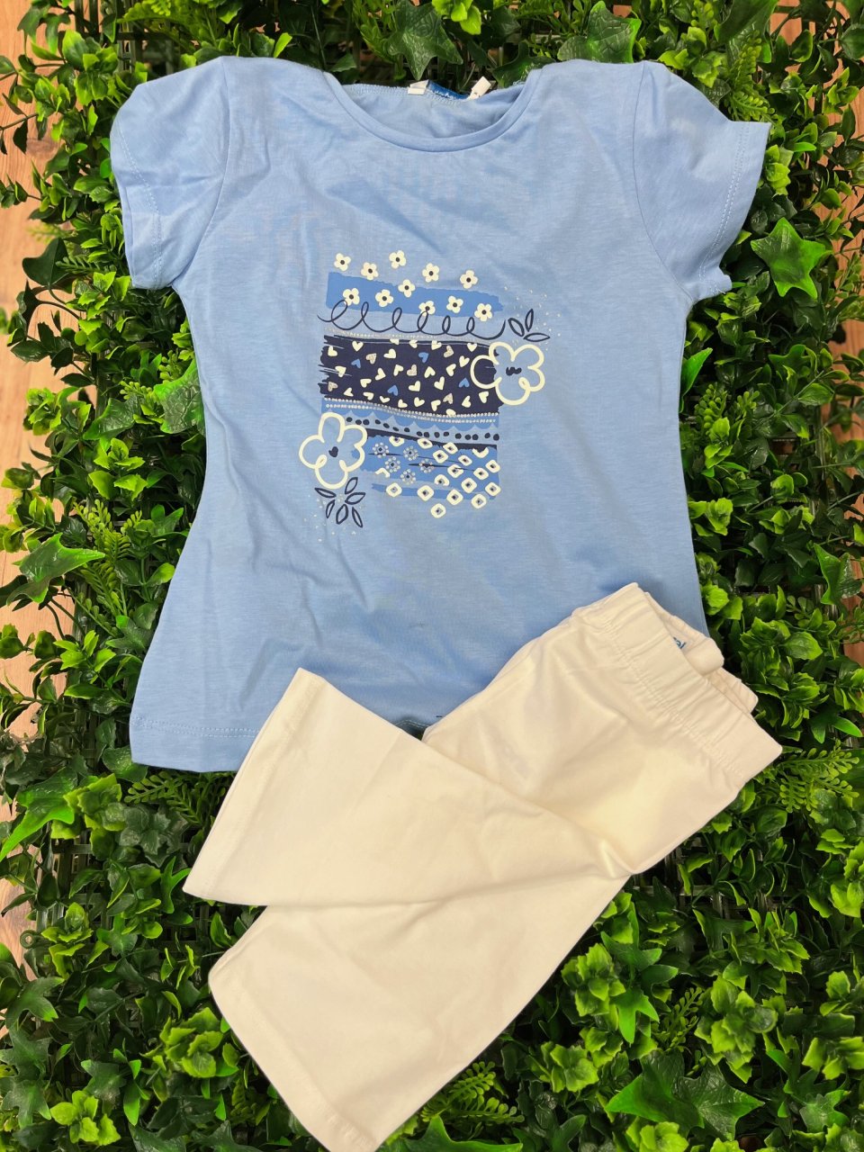 MAYORAL 3090/610   GIRLS PALE BLUE TEE PRINTED DETAIL & WHITE CYCLE SHORTS  2 PCE  4,5,8 & 9YRS ONLY 
