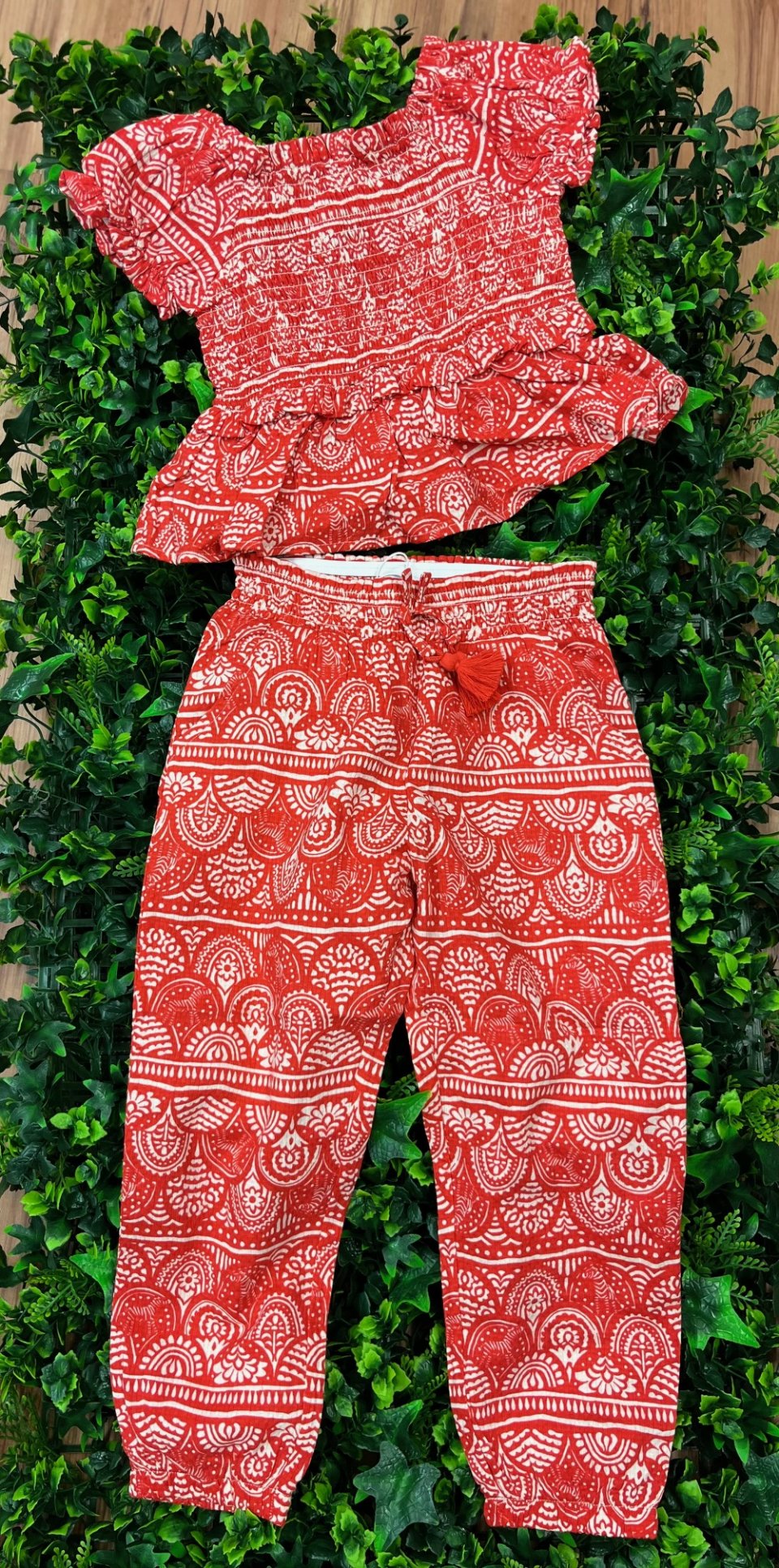 MAYORAL 3177 /3535 CRINKLE COTTON RED/CREAM PANTALOON TROUS AND TOP  2 PCE SET 8YRS ONLY 