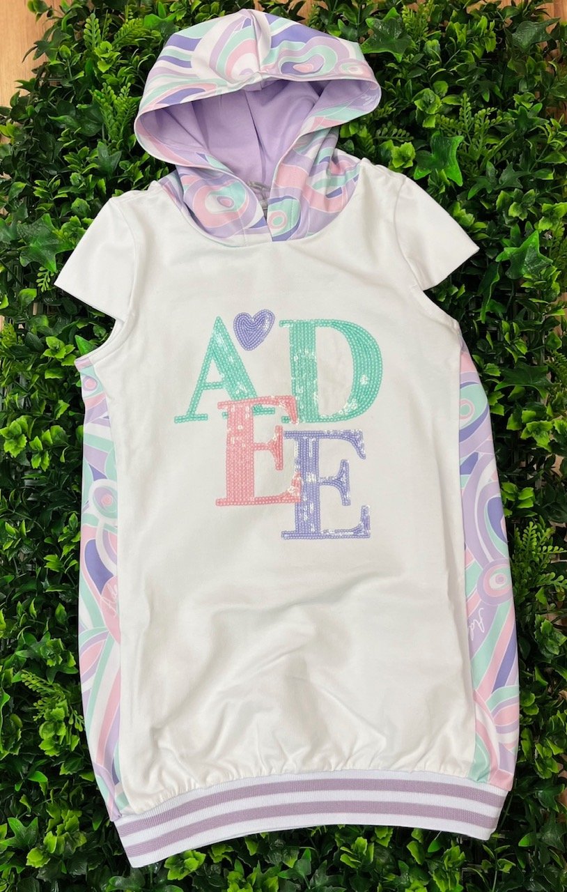 ADEE NADIA BRIGHT WHITE HOODIE SWEAT DRESS PASTEL PRINTED 