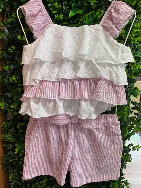 MAYORAL 3259 CRINKLE CHAMBRAY PINK/WHITE SUN TOP AND SHORTS  2 PCE  6 & 8YRS ONLY 