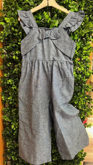 MAYORAL 3859 LINEN DENIM ALL IN ONE POCKETS AND BOW DETAIL  OPEN BACK DETAIL 4,5, & 8YRS ONLY