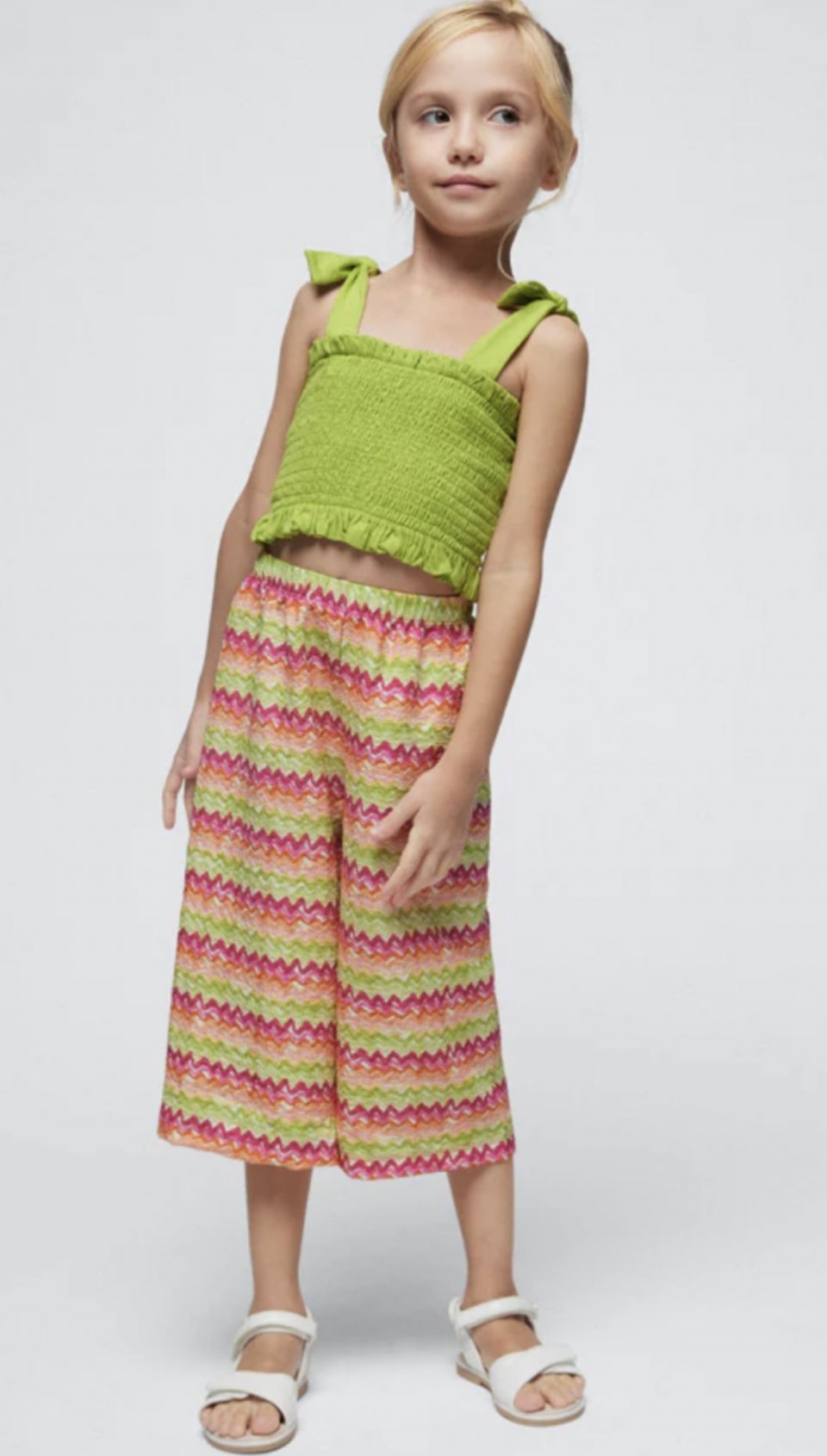 MAYORAL 3540 LIME /HOTPINK/ORANGE  SMOCK SUN TOP AND FLARED CROPPPED TROUS SET