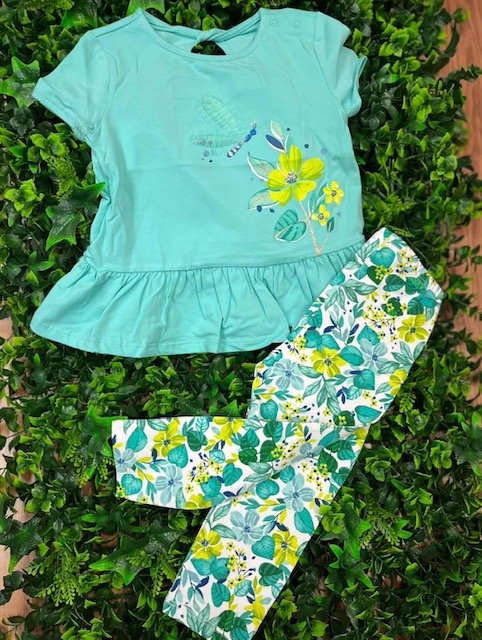MAYORAL 1734 TODDLER GIRL TURQ TEE PRINT/APPLLIQUE DETAIL & FLORAL LEGGINGS  2 PCE 18MTHS ONLY 