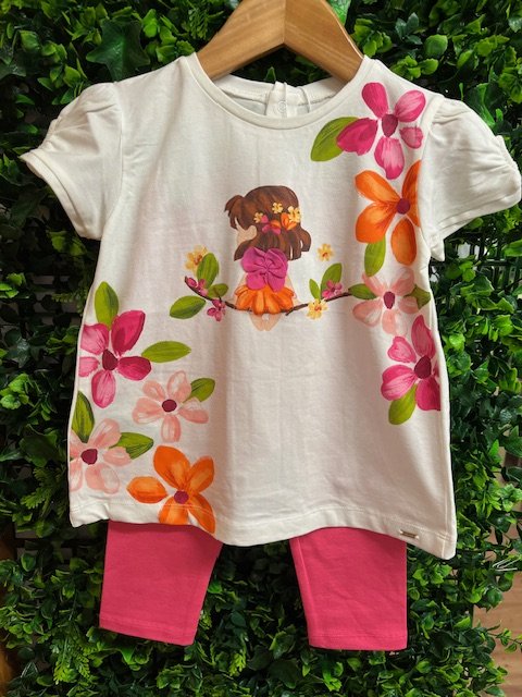 MAYORAL 1736 TODDLER GIRL 2 PCE SET  A LINE TEE  APPLIQUE DETAIL CERISE LEGGINGS  18  MONTHS ONLY 