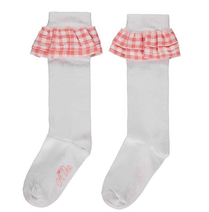 ADEE GIRLS CLOTHING CORAL ROSE GARDEN STORY  YELENA WHITE/CORAL GINGHAM KNEE HIGH SOCKS 8/10yrs only 