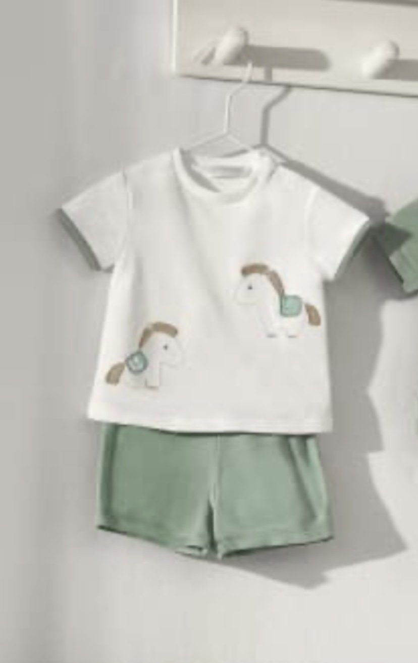 MAYORAL BABY BOYS CLOTHING 1619 TWO PCE SHORT SET WHITE TEE GREEN SHORTS ,2/4 months  only 
