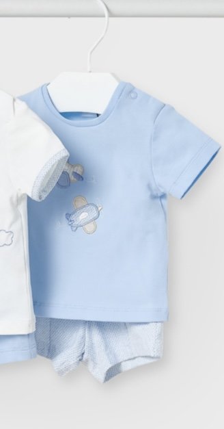 MAYORAL BABY BOYS CLOTHING  1619 PALE BLUE TEE AND MARL SHORTS APPLIQUE DETAIL 2/4 mths only 