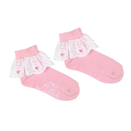 ADEE LENNI  PINK BRODERIE ANGLAISE ANKLE SOCKS PINK WITH WHITE FRILL