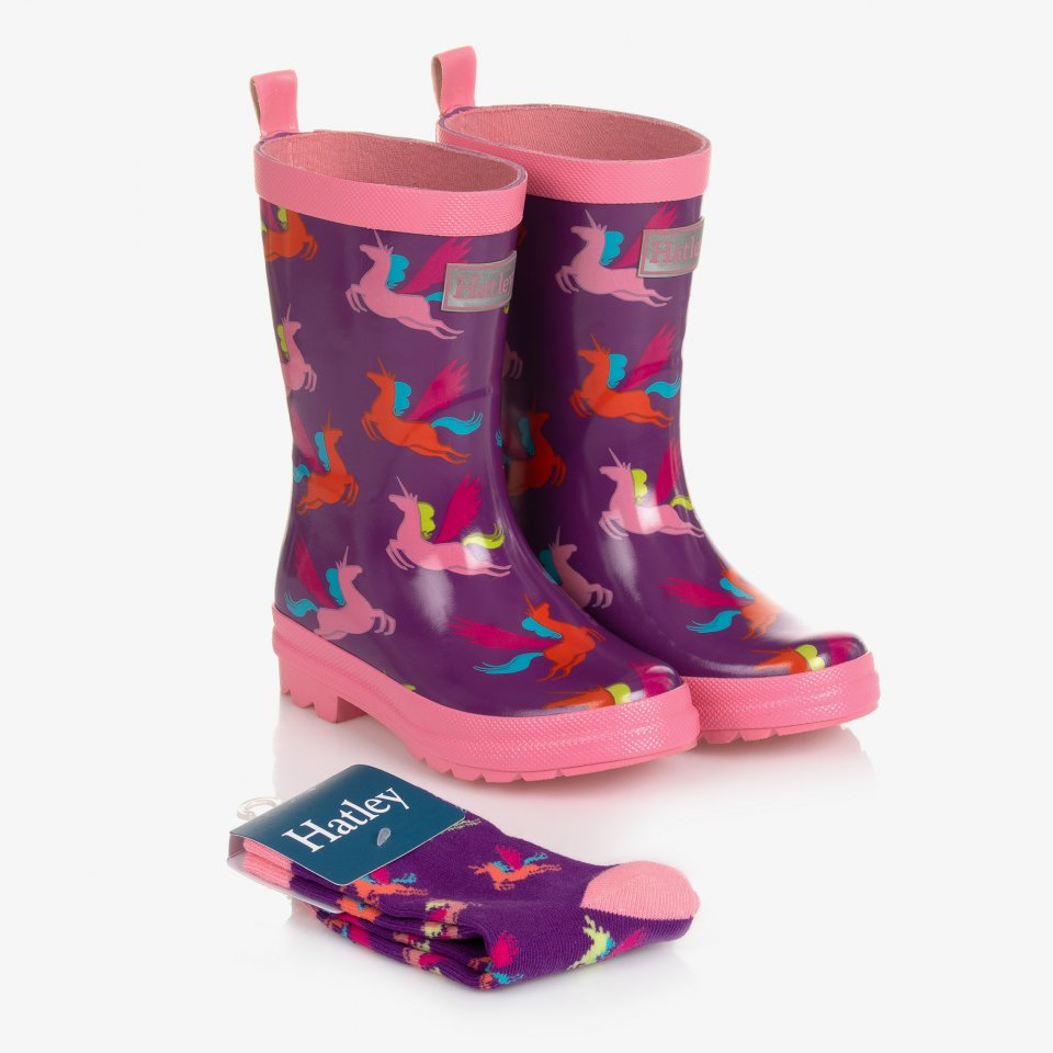 HATLEY GIRLS CLOTHING PRETTY PEGASUS WELLIES WITH MATCHING SOCKS  size 7 ,8 & 12 only 