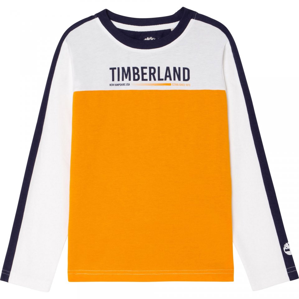 TIMBERLAND BOYS CLOTHING T25S42 ORANGE/WHITE NAVY BRANDED TRI COL TEE SHIRT 5,8,& 12yrs only 