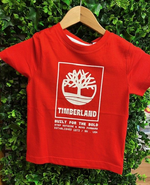 TIMBERLAND T60082 BOYS CLASSIC  BRIGHT RED TEE SHORT SLEEVE PRINTED LOG DETAIL