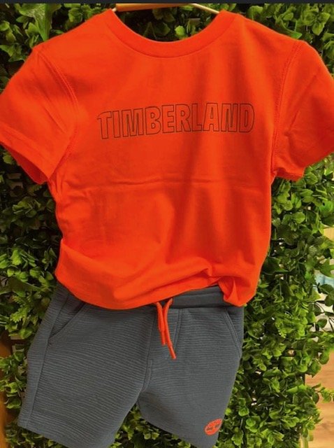 TIMBERLAND T60149 TODDLER BOY  2 PCE TEE AND SOFT SHORT SET ORANGE TEE  TEAL TEXTURED SHORTS 